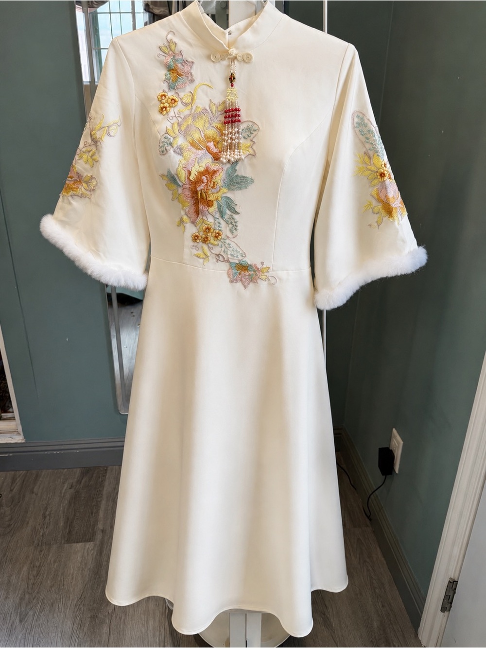 Ivory Embroidered Midi Dress with Fur-Trim Sleeves